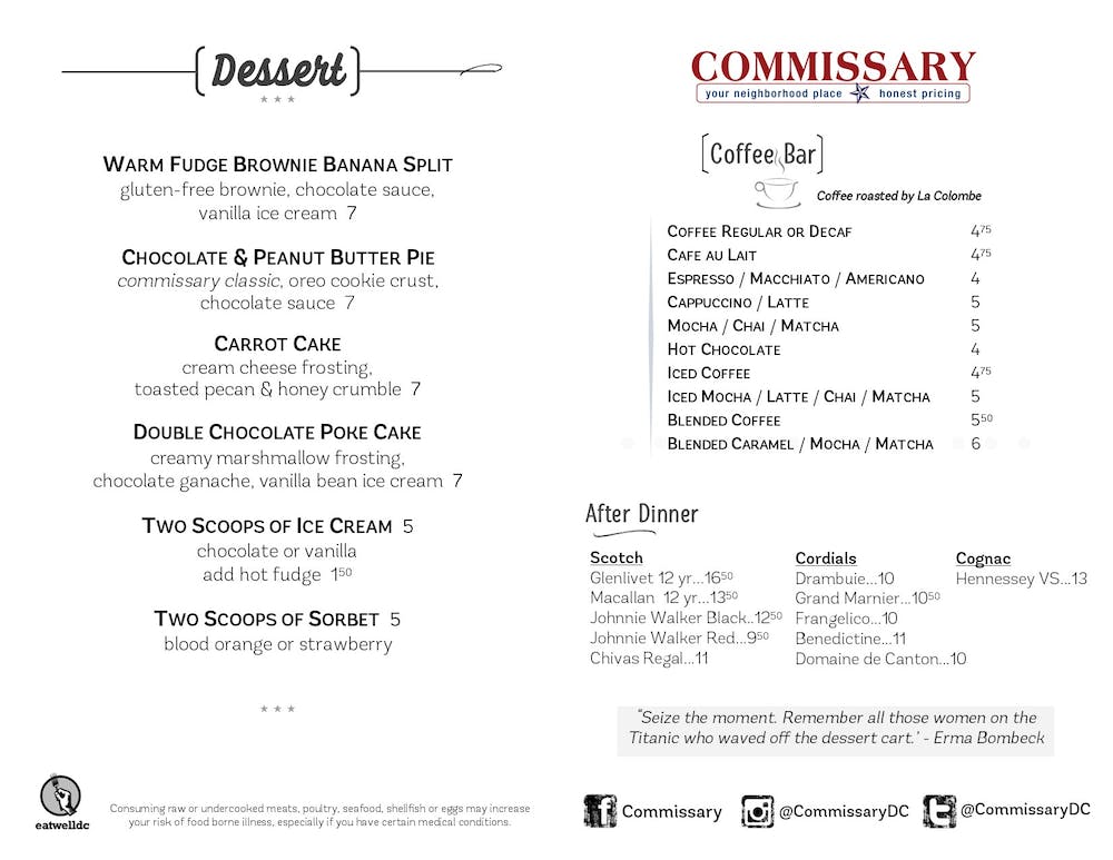 Dessert and coffee menu