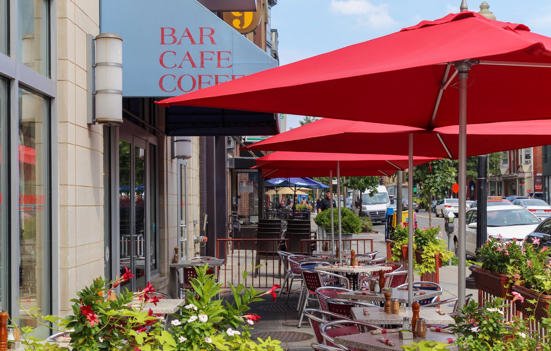 The Commissary patio and red umbrellas on P Street in Logan Circle