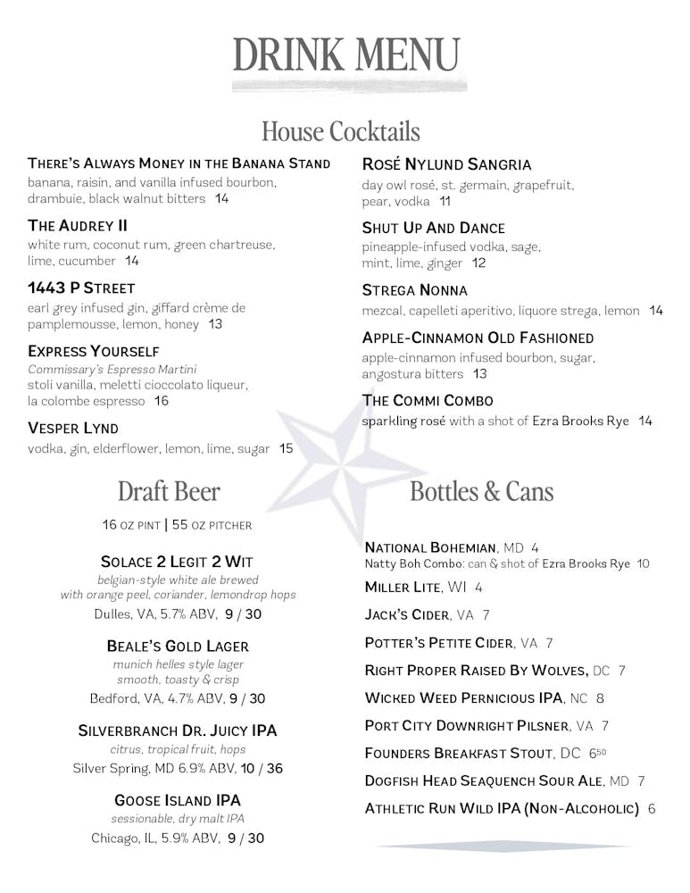 Beverage menu, page 1