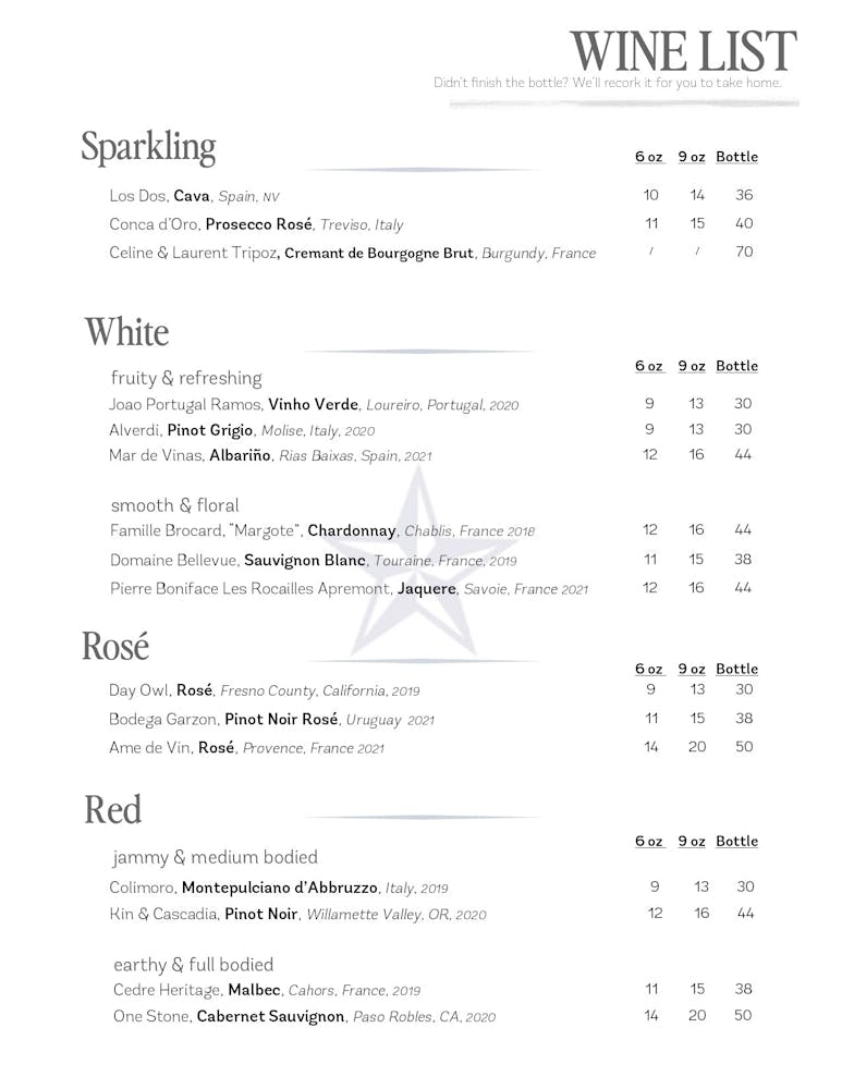 Beverage menu, page 2